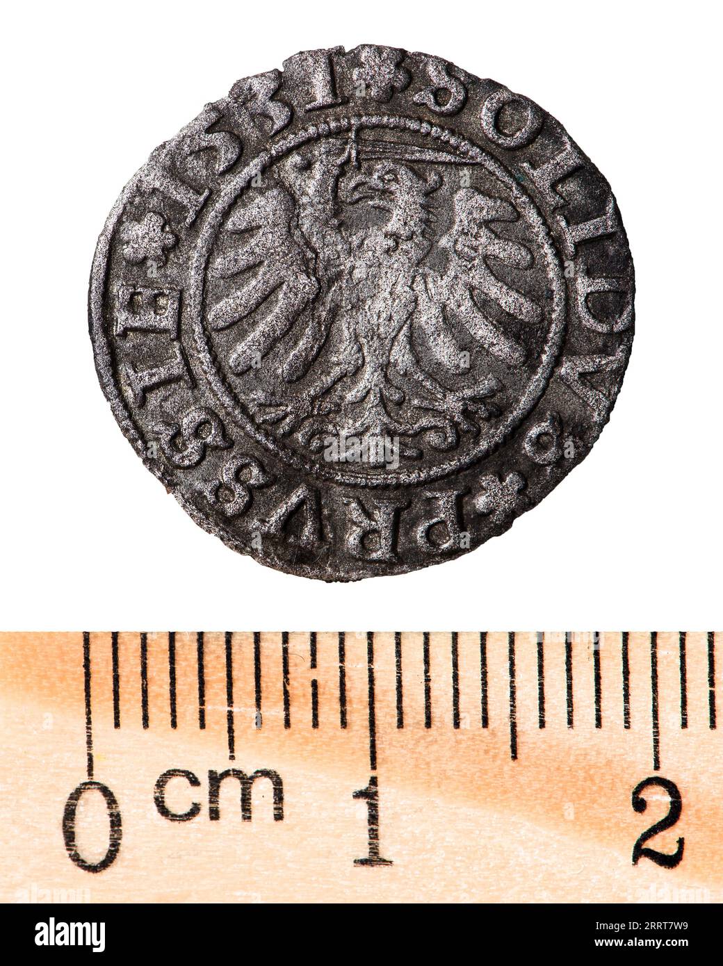 Moneta polacca in argento antico. Re Sigismondo i Vecchio. Retromarcia. Isolato su bianco Foto Stock