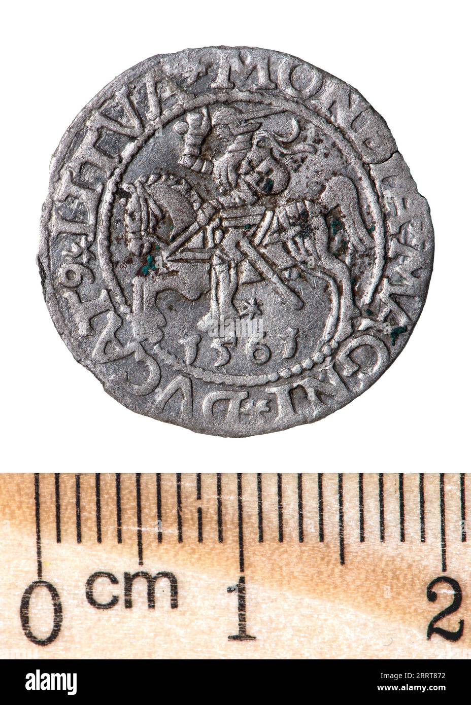 Moneta polacca in argento antico. Re Sigismondo II agosto. Dritto. Isolato su bianco Foto Stock