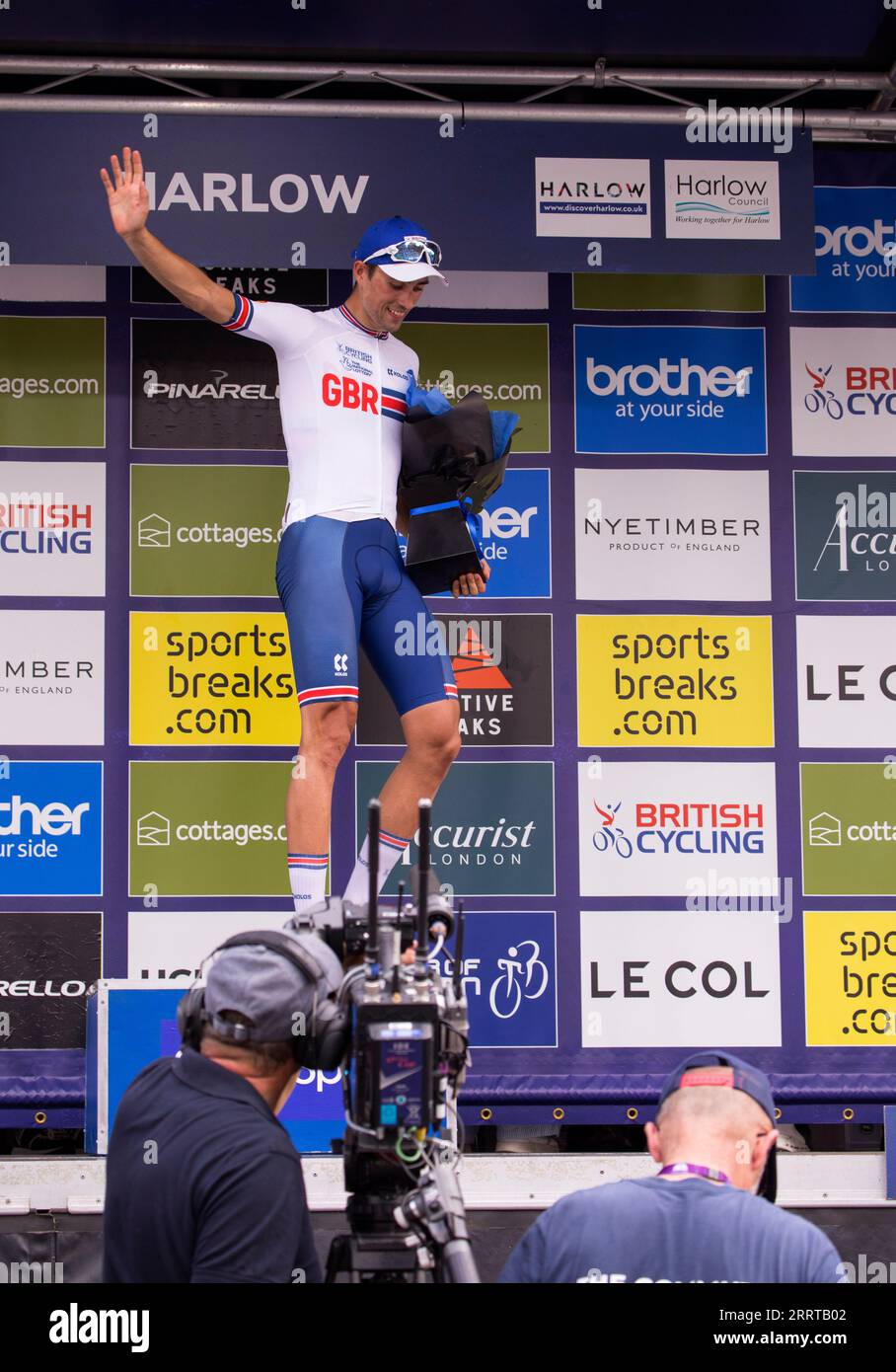 Ethan Vernon sul podio Best British Rider Tour of Britain Stage 6 Cycle Race Harlow Essex Foto Stock