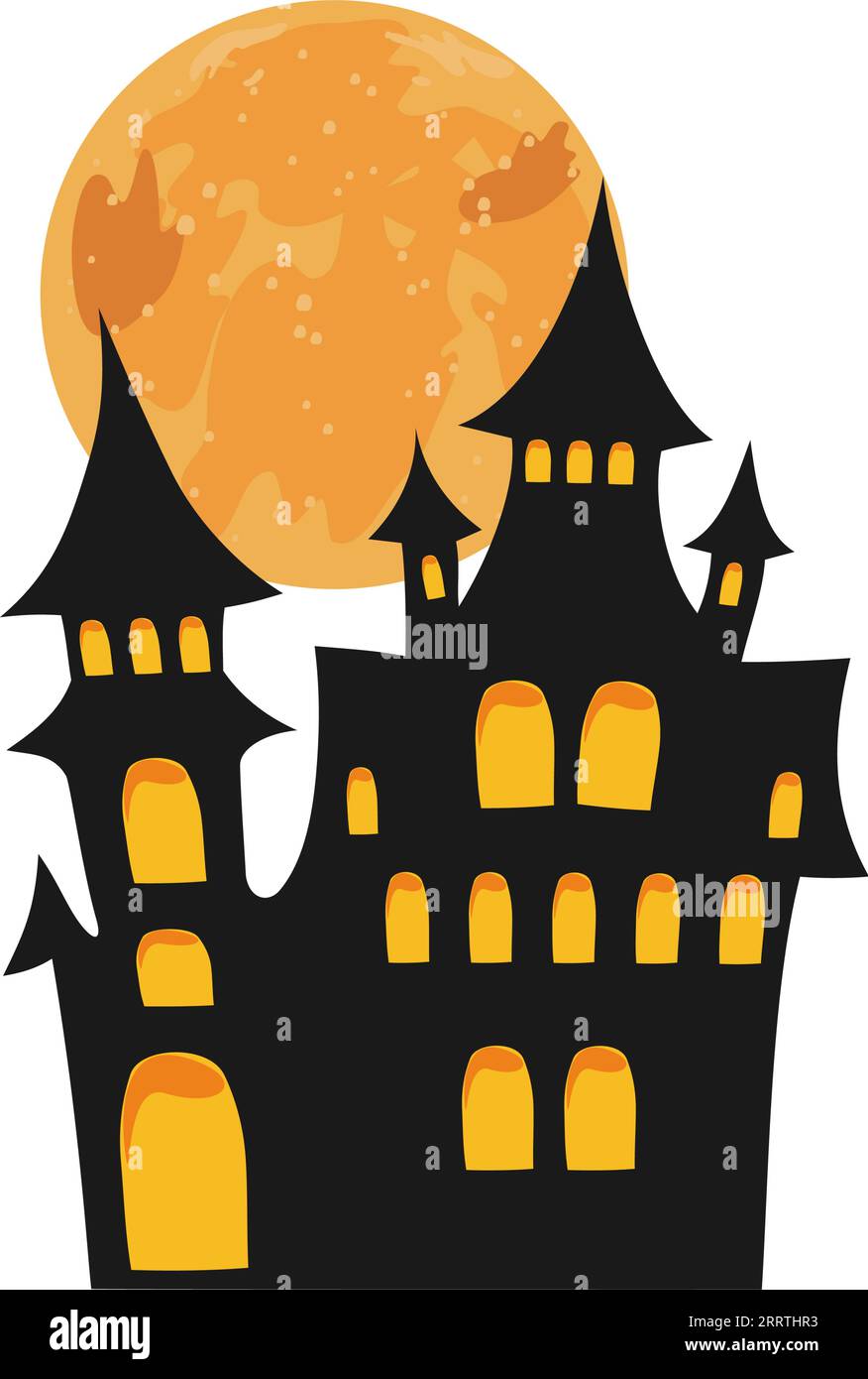Castello di Halloween con luna piena. Silhouette nera da casa infestata. Elemento di design Halloween. Modello grafico isolato. Illustrazione vettoriale. Illustrazione Vettoriale