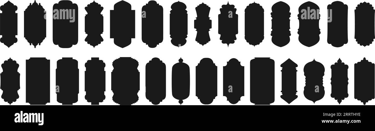 Forma musulmana con porta e finestra islamici vettoriali neri. Arco arabo di forma musulmana. Icona della silhouette Ramadan kareem. Elemento di progettazione. Guasto vettore piatto Illustrazione Vettoriale