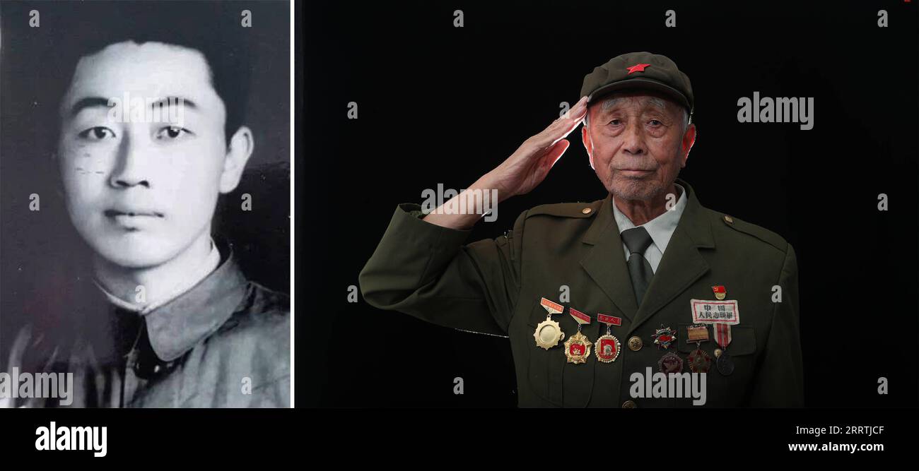 230727 -- SHENYANG, 27 luglio 2023 -- questa foto combinata mostra il ritratto di ma Shixun il 14 luglio 2020. Nato nel 1932, ma partecipò alla guerra per resistere all'aggressione degli Stati Uniti e aiutare la Corea nel 1950, servendo come statistico. Settantatré anni fa, i volontari del popolo cinese CPV attraversarono il fiume Yalu e combatterono a fianco dell'esercito della Repubblica Popolare Democratica di Corea, vincendo la guerra per resistere all'aggressione degli Stati Uniti e aiutare la Corea nel 1953. Giovedì ha segnato il 70° anniversario della vittoria della guerra. I fotografi di Xinhua hanno scattato foto di ritratti di alcuni veterani del CPV. CHINA-CPV Foto Stock