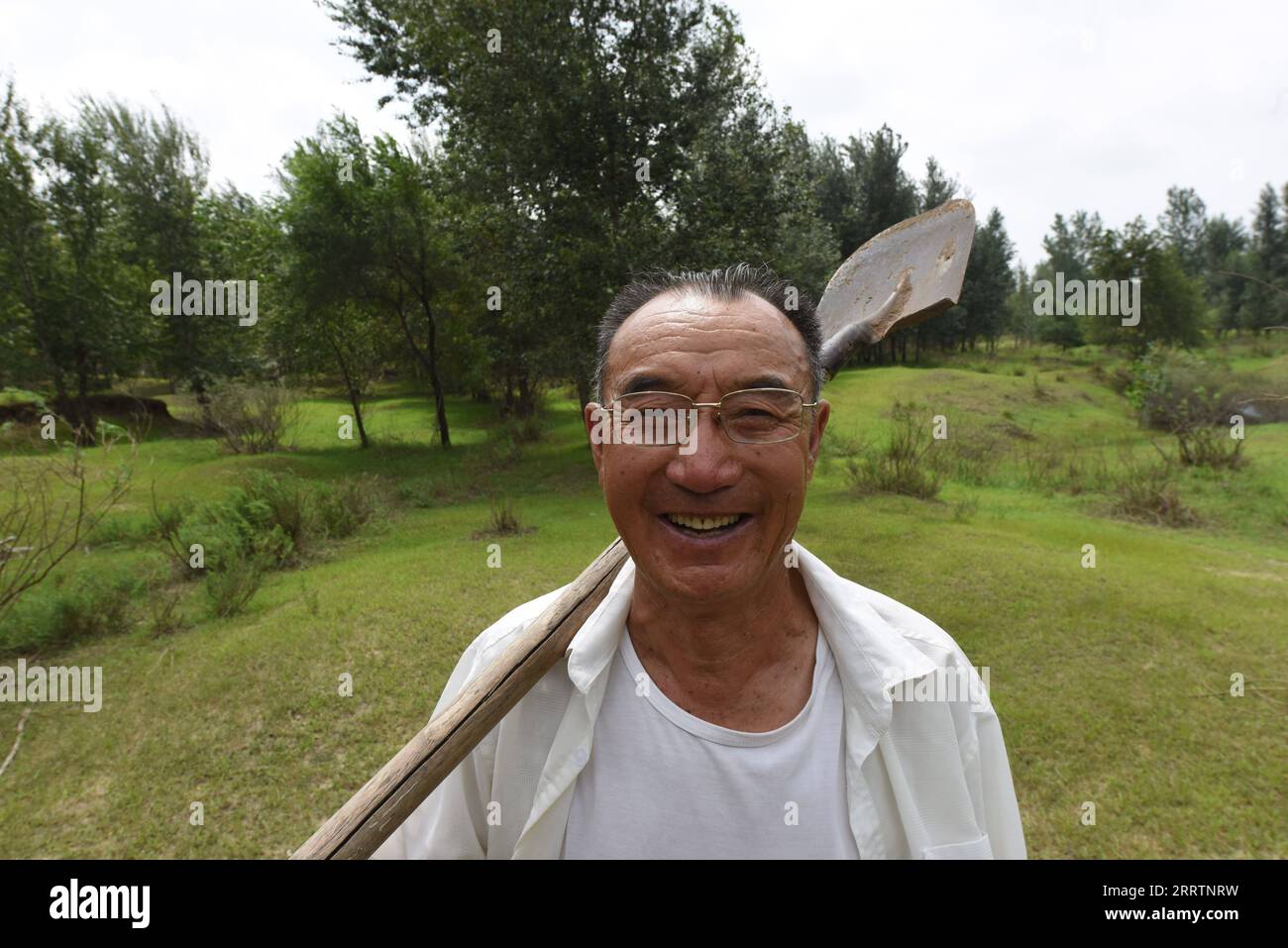 230803 -- TONGLIAO, 3 agosto 2023 -- Bai Shun posa per foto nella foresta piantato a Bulteger Gacha, Horqin Left Wing Rear Banner of Tongliao City, regione autonoma della Mongolia interna della Cina settentrionale, 2 agosto 2023. Situato nel centro della Horqin Sandy Land, Bulteger Gacha, un piccolo villaggio nella bandiera posteriore dell'ala sinistra di Horqin della città di Tongliao, soffriva di desertificazione. Dal 2002, Bai Shun, un contadino mongolo locale, ha portato la sua famiglia a radicare in questo villaggio e a dedicarsi al controllo della desertificazione. Il tasso di sopravvivenza degli alberi piantati era basso all'inizio a causa di Foto Stock