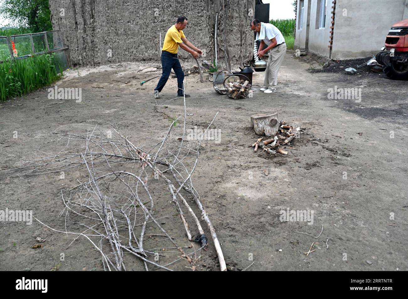 230803 -- TONGLIAO, 3 agosto 2023 -- Bai Shun R bolle acqua nella sua casa a Bulteger Gacha, Horqin Left Wing Rear Banner of Tongliao City, regione autonoma della Mongolia interna della Cina settentrionale, 2 agosto 2023. Situato nel centro della Horqin Sandy Land, Bulteger Gacha, un piccolo villaggio nella bandiera posteriore dell'ala sinistra di Horqin della città di Tongliao, soffriva di desertificazione. Dal 2002, Bai Shun, un contadino mongolo locale, ha portato la sua famiglia a radicare in questo villaggio e a dedicarsi al controllo della desertificazione. Il tasso di sopravvivenza degli alberi piantati era basso all'inizio a causa della mancanza di esperienza Foto Stock