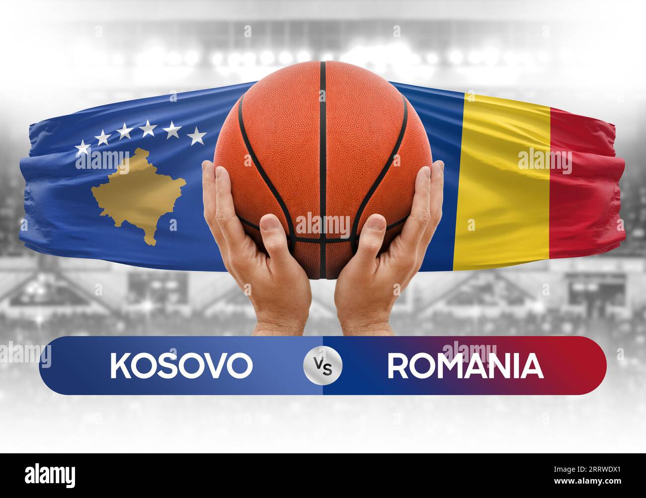 Immagine concettuale della Coppa di gara della partita di pallacanestro delle squadre nazionali del Kosovo contro la Romania Foto Stock