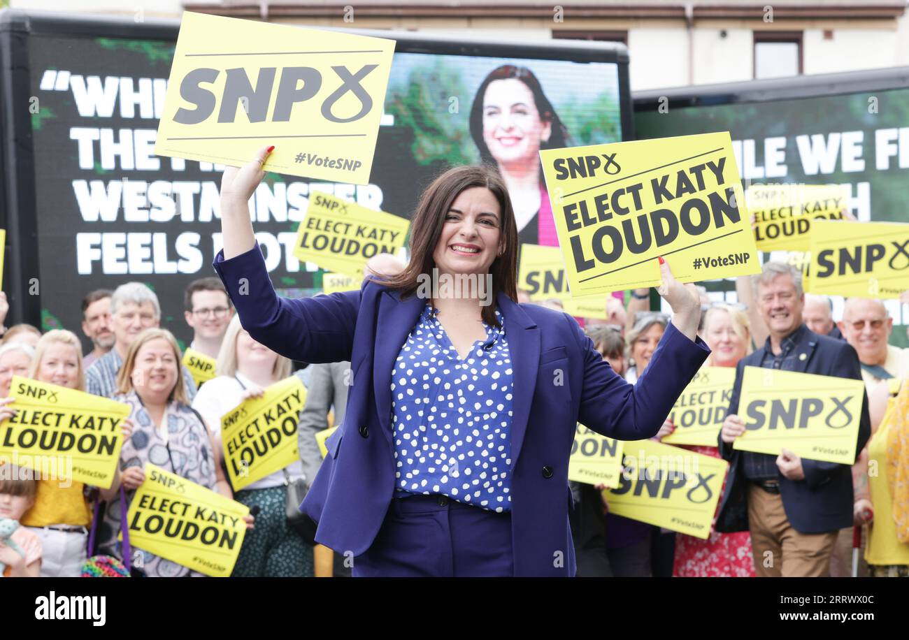 Rutherglen e la candidata locale di Hamilton West SNP, Katy Loudon, lanciano ufficialmente la campagna SNP per le elezioni suppletive di Rutherglen e Hamilton West, al Kings Park Hotel di Rutherglen, Glasgow. Data immagine: Sabato 9 settembre 2023. Foto Stock