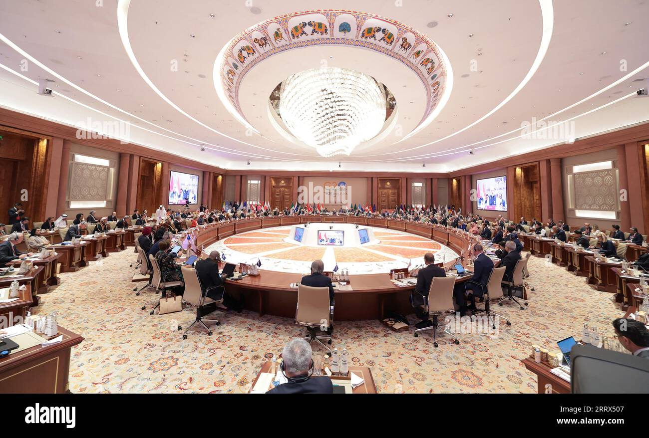 Nuova Delhi, India. 9 settembre 2023. Il gruppo dei leader e dei delegati dei paesi del G20 parteciperà alla prima sessione del vertice del G20, che si terrà a nuova Delhi, in India, sabato 9 settembre, 2023. foto di Press Information Bureau (PIB)/ credito: UPI/Alamy Live News Foto Stock