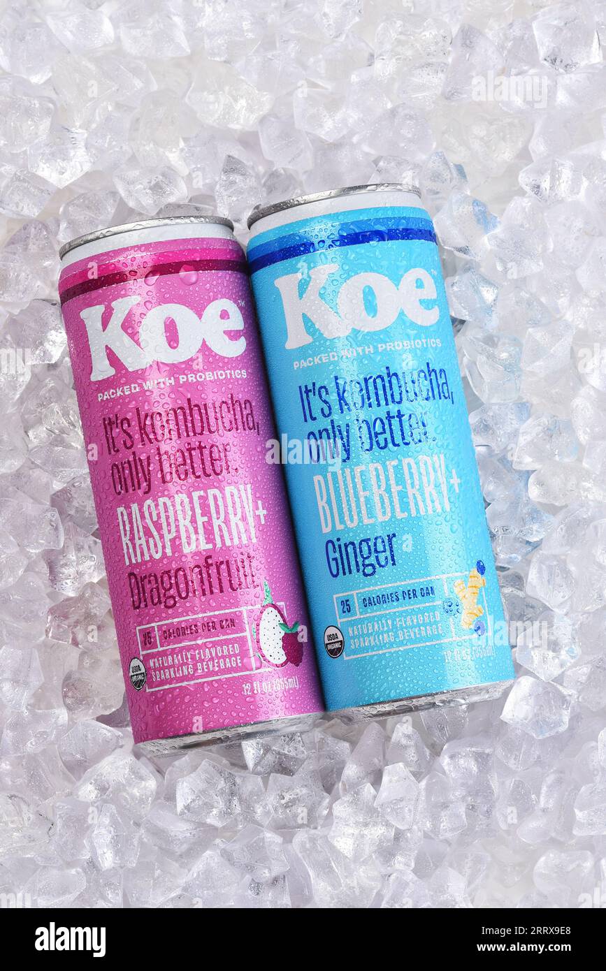 IRVINE, CALIFORNIA - 7 SETTEMBRE 2023: Due lattine di Koe Kumbucha Sparkling Beverage, Raspberry Dragonfruit e Bluberry Ginger Flavors, in ghiaccio. Foto Stock