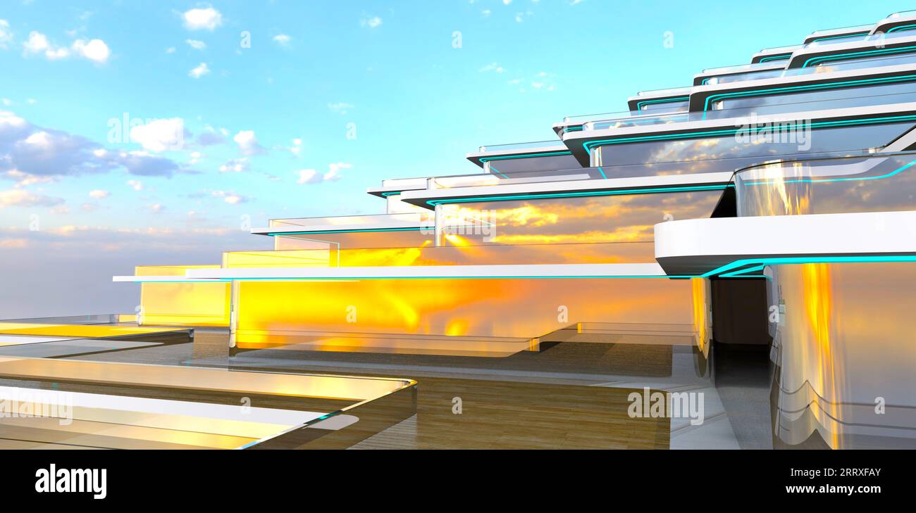 Vista fantastica dell'hotel d'élite a forma di scala con terrazze in vetro recintate e facciata riflettente. rendering 3d. Foto Stock