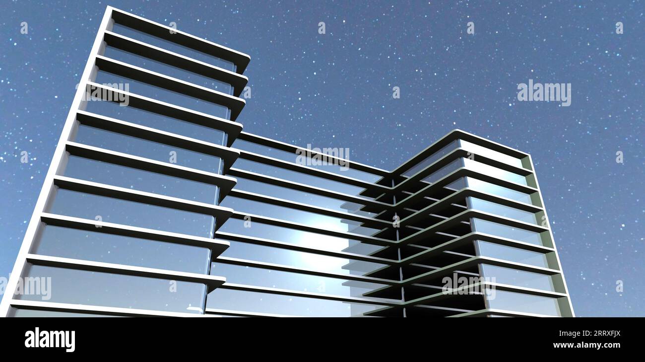 La luminosa luna primaverile si riflette sulla facciata in vetro dell'elegante condominio recentemente montato nei sobborghi di Berlino. rendering 3d. Foto Stock