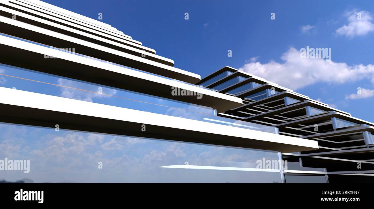 Vista della facciata delle scale del basso hotel con esterni in vetro contro il cielo estivo. rendering 3d. Foto Stock