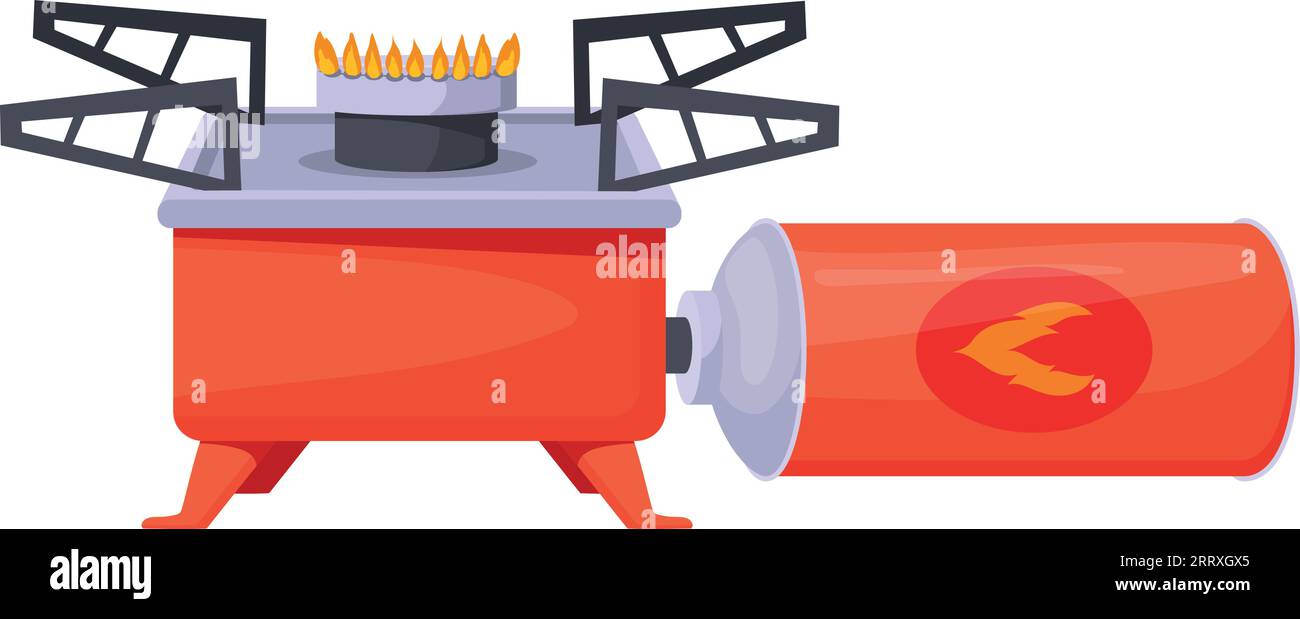 Stufa da campeggio. Icona del fumetto del bruciatore a gas butano isolata su sfondo bianco Illustrazione Vettoriale