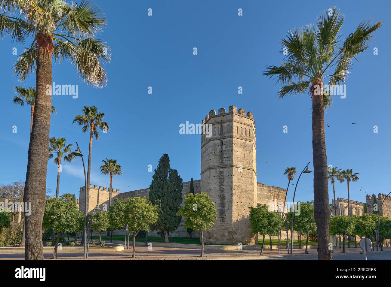 Vista della fortezza dell'Alcazar de Jerez dell'XI secolo di origine islamica nella città di Jerez de la Frontera, Costa de la Luz, provincia di Cadice, A. Foto Stock