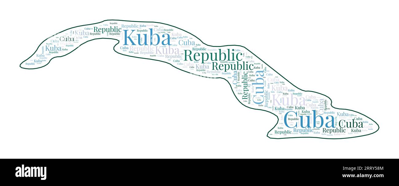 Forma cubana riempita con il nome del paese in molte lingue. Mappa di Cuba in stile nuvola di parole. Bella illustrazione vettoriale. Illustrazione Vettoriale