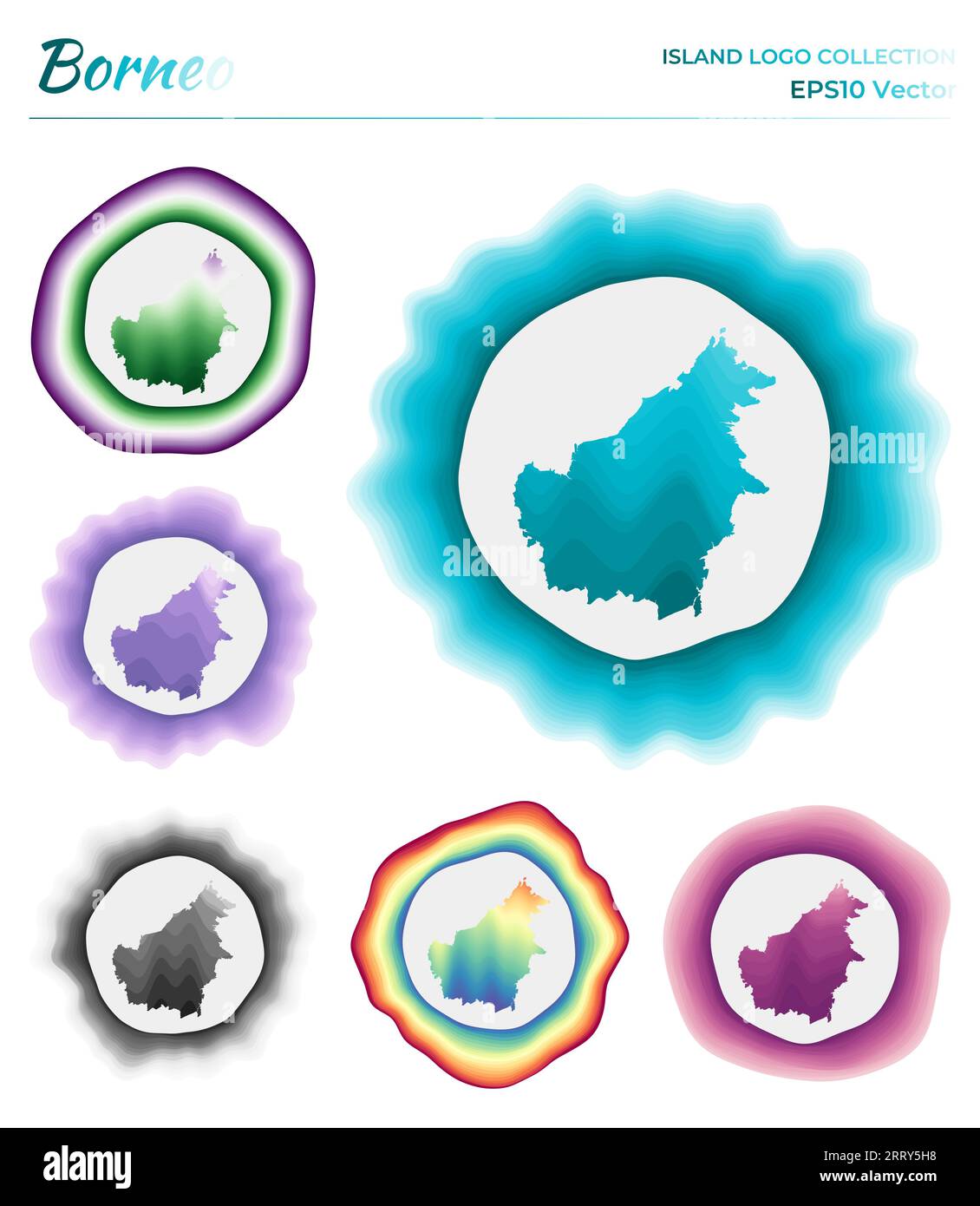 Collezione di logo Borneo. Distintivo colorato dell'isola. I livelli intorno al bordo Borneo hanno la forma. Illustrazione vettoriale. Illustrazione Vettoriale