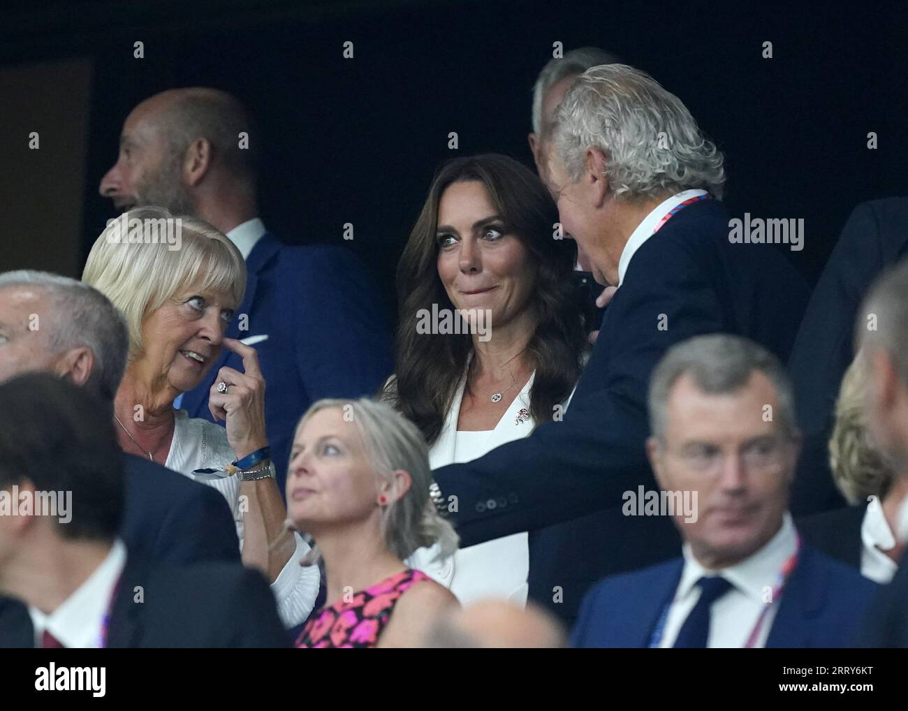 La Principessa di Galles in tribuna con Bill Beaumont, presidente del World Rugby prima della partita di Coppa del mondo di rugby 2023 Pool D allo Stade de Marseille, Francia. Data immagine: Sabato 9 settembre 2023. Foto Stock
