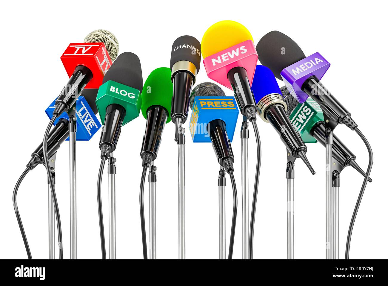 Microfoni di diversi mezzi di comunicazione. Concetto di conferenza stampa o intervista. Rendering 3D isolato su sfondo bianco Foto Stock