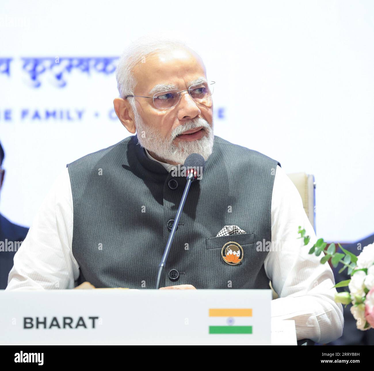 Nuova Delhi, India. 9 settembre 2023. Il primo ministro indiano Narendra modi affronta l'evento Partnership for Global Infrastructure and Investment & India-Middle East-Europe Economics Corridor durante il vertice del G20 al Bharat Mandapam, 9 settembre 2023, a nuova Delhi, in India. Credito: PIB/Ufficio informazioni stampa/Alamy Live News Foto Stock
