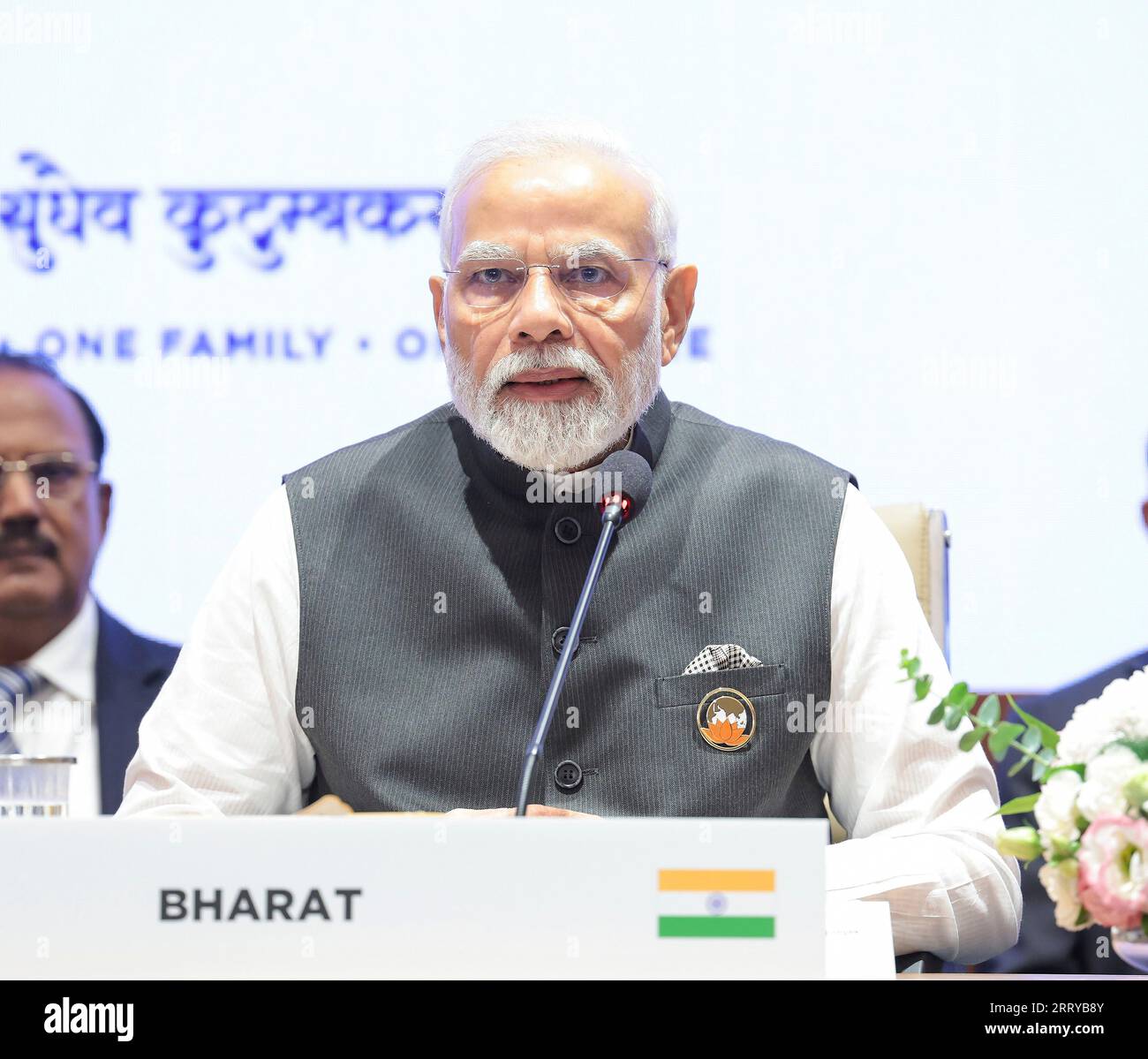 Nuova Delhi, India. 9 settembre 2023. Il primo ministro indiano Narendra modi affronta l'evento Partnership for Global Infrastructure and Investment & India-Middle East-Europe Economics Corridor durante il vertice del G20 al Bharat Mandapam, 9 settembre 2023, a nuova Delhi, in India. Credito: PIB/Ufficio informazioni stampa/Alamy Live News Foto Stock