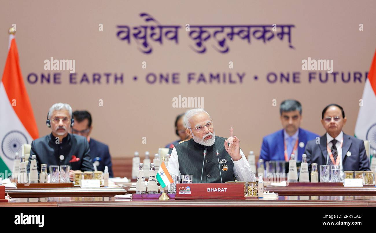Nuova Delhi, India. 9 settembre 2023. Il primo ministro indiano Narendra modi affronta la sessione di apertura del vertice del G20 al centro congressi Bharat Mandapam, 9 settembre 2023 a nuova Delhi, India. Credito: PIB/Ufficio informazioni stampa/Alamy Live News Foto Stock