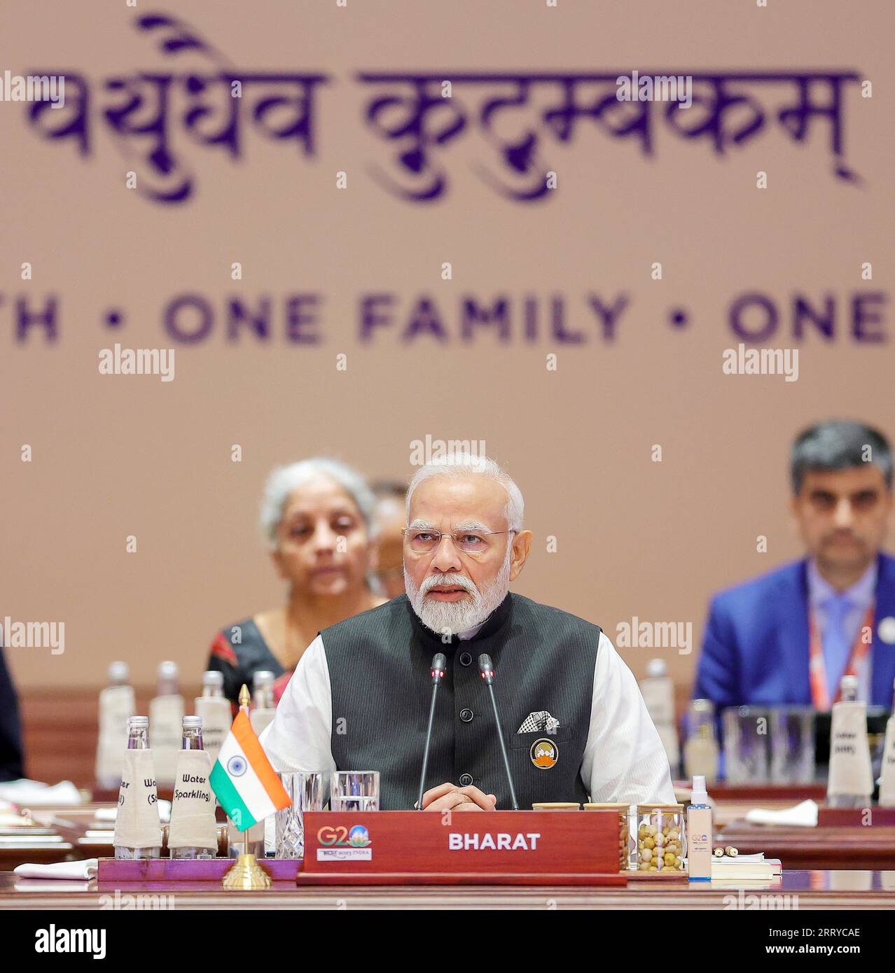 Nuova Delhi, India. 9 settembre 2023. Il primo ministro indiano Narendra modi affronta la sessione di apertura del vertice del G20 al centro congressi Bharat Mandapam, 9 settembre 2023 a nuova Delhi, India. Credito: PIB/Ufficio informazioni stampa/Alamy Live News Foto Stock