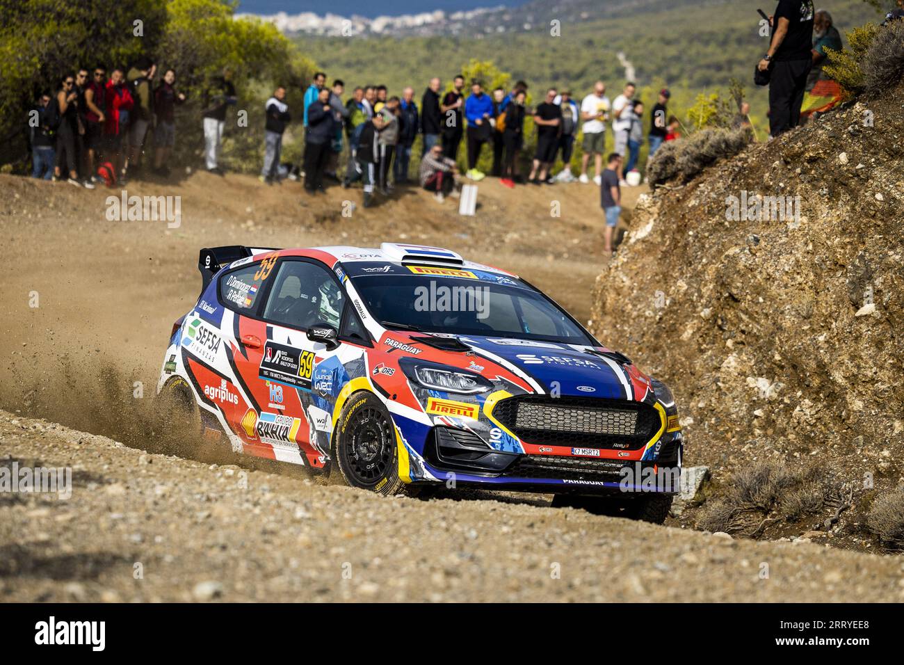 59 Diego DOMINGUEZ (PRY), Rogelio PEÃ&#x91;ATE (ESP), FORD Fiesta Rally3, RC3, Rally3, azione durante l'Acropolis Rally Grecia 2023, decima prova del WRC World Rally Car Championship 2023, dal 7 al 10 settembre 2023 a Lamia, Grecia Foto Stock