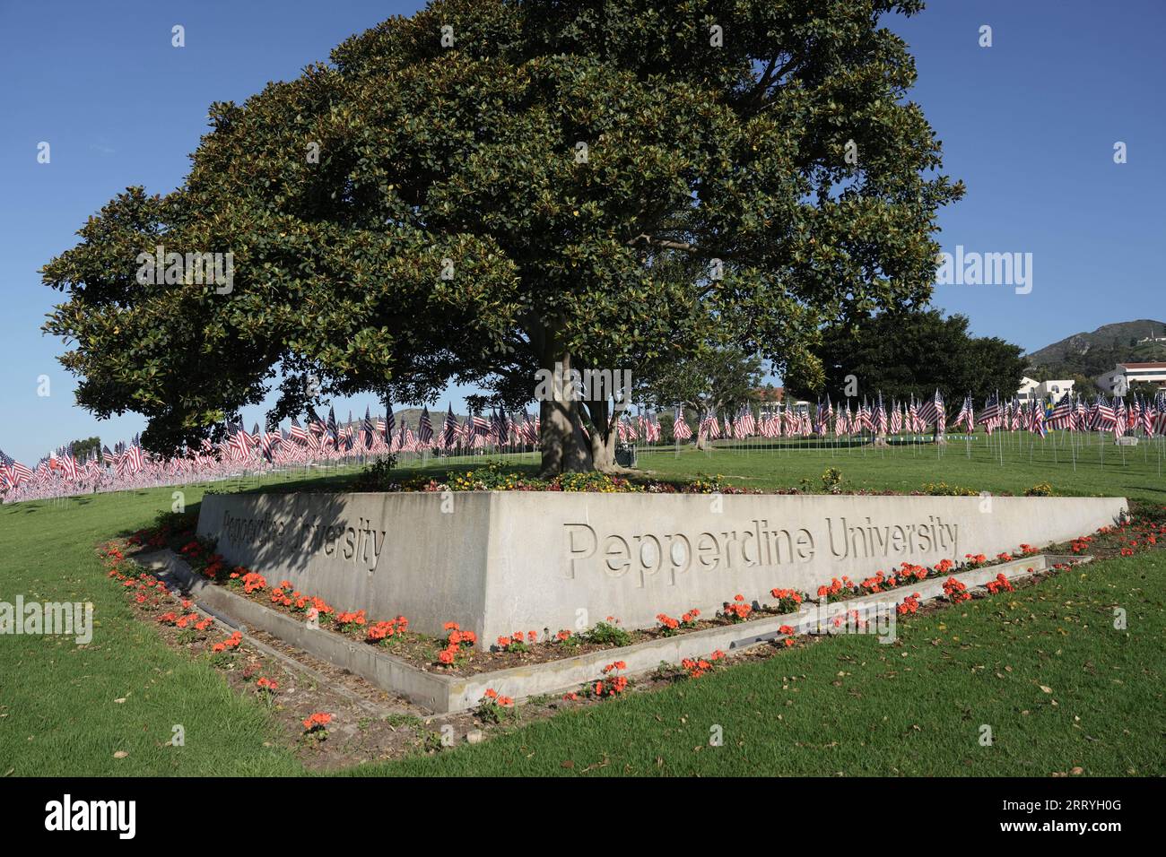 Le Waves of Flags celebrano le vite perse negli attacchi terroristici dell'11 settembre 2001, con quasi 3.000 bandiere degli Stati Uniti nell'Alumni Park presso la Pepperdine University lungo la Pacific Coast Highway e Malibu Canyon Road, una per ogni vittima innocente, inclusa una bandiera nazionale per ogni paese straniero che ha perso un cittadino nell'attacco, sabato 9 settembre 2023 a Malibu, calib. Foto Stock