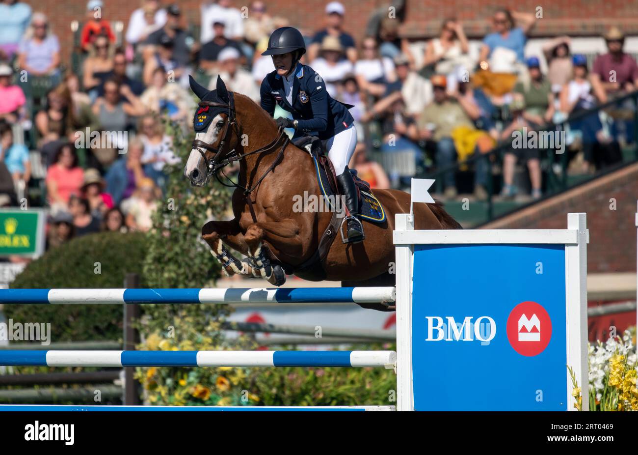 Calgary, Alberta, Canada, 9 settembre 2023. Amanda Landeblad (SWE) in sella a Killy, The Masters, Spruce Meadows - BMO Nations Cup, 1° round - Credit: Peter Llewellyn/Alamy Live News Foto Stock