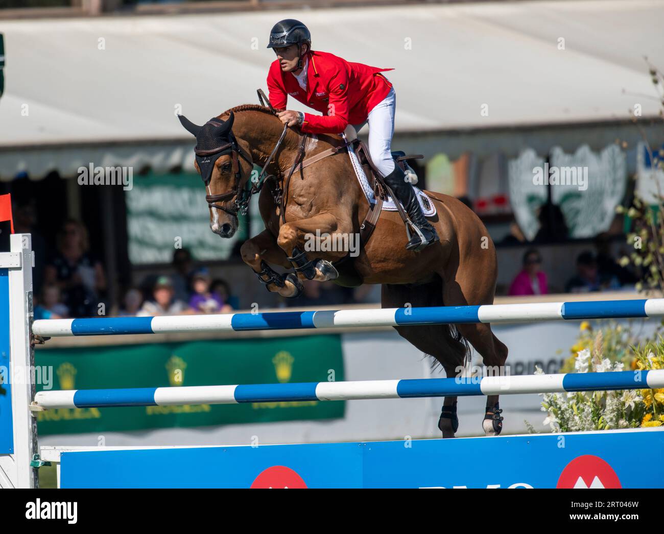 Calgary, Alberta, Canada, 9 settembre 2023. Richard Vogel (GER) in sella a Cepano Baloubet, The Masters, Spruce Meadows - BMO Nations Cup, 1° round - Credit: Peter Llewellyn/Alamy Live News Foto Stock