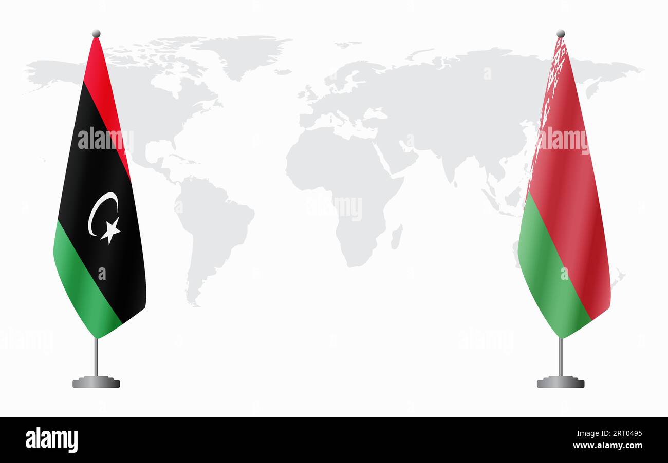 Libia e bandiere bielorusse per un incontro ufficiale sullo sfondo della mappa mondiale. Illustrazione Vettoriale