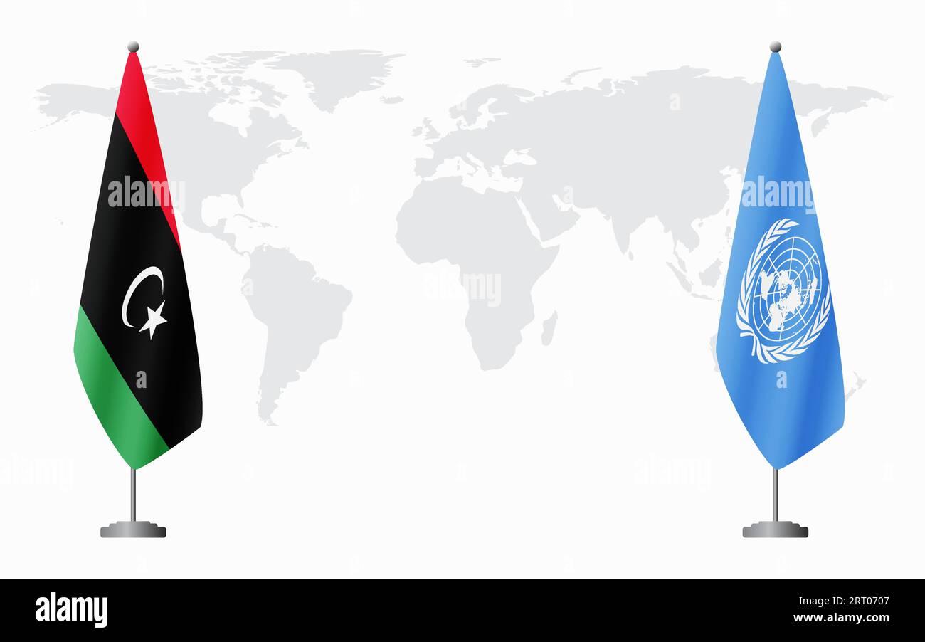 Libia e Nazioni Unite bandiere per un incontro ufficiale sullo sfondo della mappa mondiale. Illustrazione Vettoriale