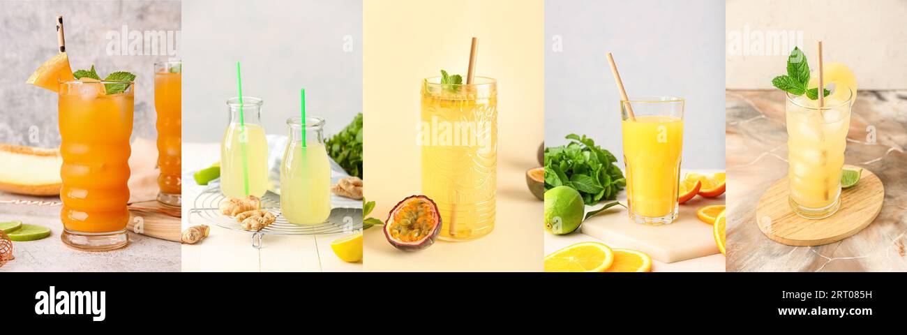 Collage di gustosi cocktail ghiacciati su sfondo leggero Foto Stock