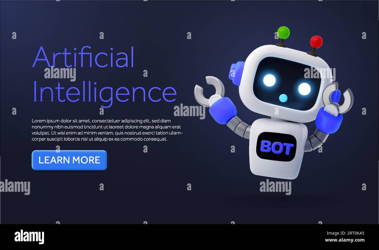 Template banner assistenza 3d ai o robot con pulsante CTA. Robot intelligente e carino con testa e corpo, posa di benvenuto, isolato sullo sfondo. illustrazione vettoriale 3d. Illustrazione vettoriale Illustrazione Vettoriale