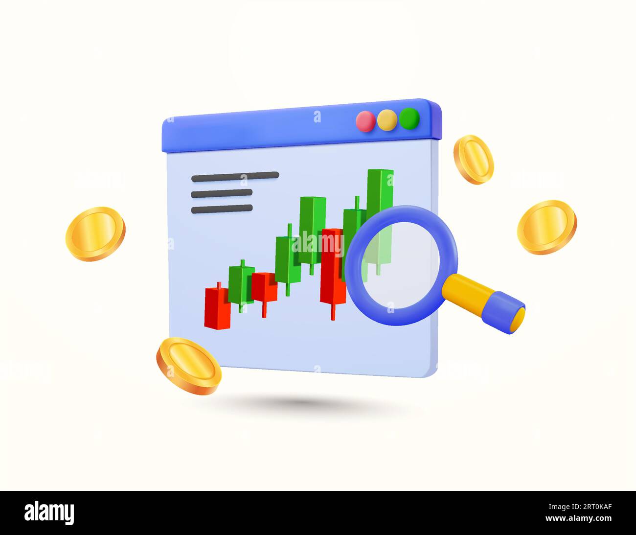 banner di analisi di trading o di investimenti azionari o crittografici 3d. Finestra grafico a candelabro in crescita con lente d'ingrandimento, monete, icona isolata sullo sfondo. illustrazione vettoriale 3d. Illustrazione vettoriale Illustrazione Vettoriale