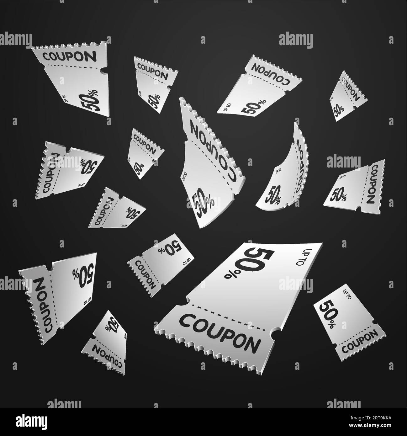 voucher o coupon 3d in diversi punti di vista, in bianco e nero, numero di sconto percentuale, sfondo isolato. Concetto di banner del Black friday. Icona promozionale. illustrazione vettoriale 3d. Illustrazione vettoriale Illustrazione Vettoriale