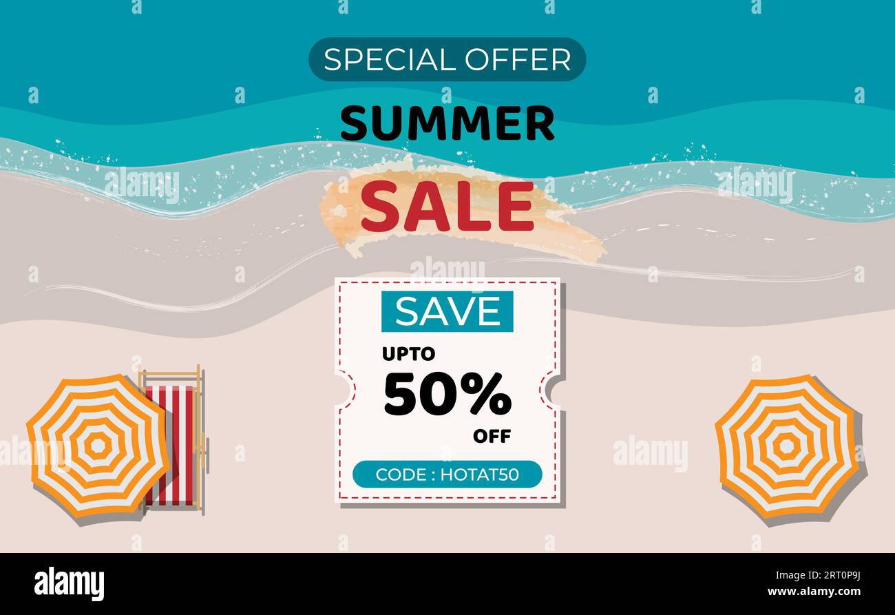 Offerta speciale modello di buono sconto per la promozione estiva. Ombrellone e sdraio. Illustrazione Vettoriale
