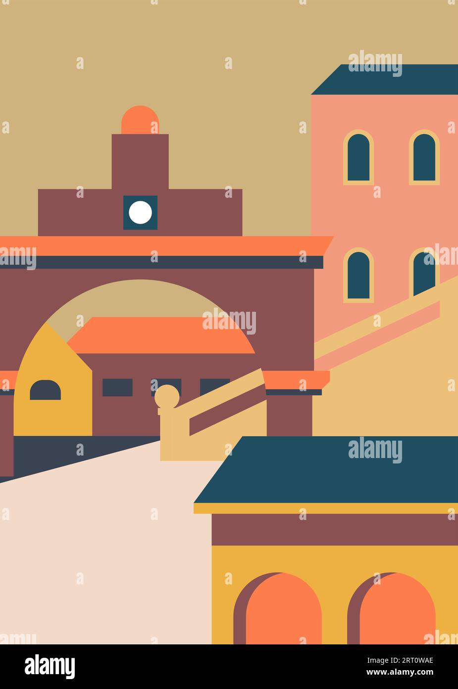 Edifici e architettura della vecchia città europea. Case e case costruite in stile classico tradizionale, archi e finestre. Quadrato e cancelli con orologio Illustrazione Vettoriale