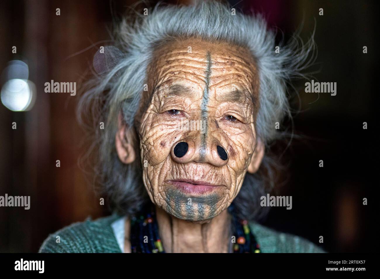 Ritratto di anziana donna tribale di minoranza etnica Apatani indiana con tappi neri in legno e tatuaggi tradizionali per il viso, Arunachal Pradesh, India Foto Stock