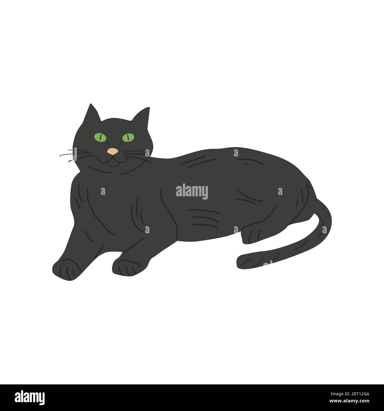 Il gatto è disegnato in posizione sdraiata. Cat Black. Banner di design, poster e articoli per animali domestici. Illustrazione vettoriale piatta. Illustrazione Vettoriale