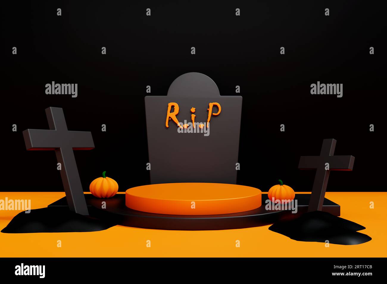 Presentazione del prodotto a tema Halloween. Rappresentazione 3D, piedistallo a podio o piattaforma in spazio vuoto minimo, mockup di prodotti 3d, presentazione del prodotto. Foto Stock