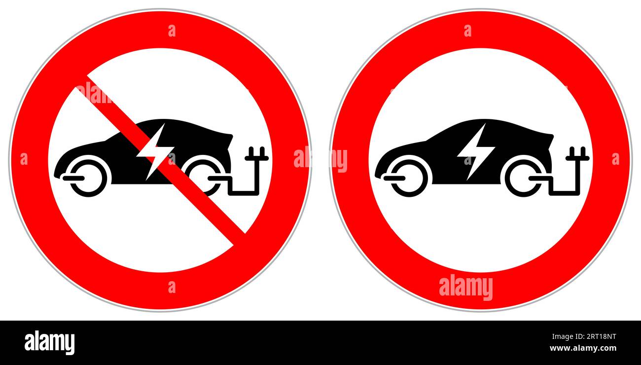 Illustrazione vettoriale con divieto di segnaletica stradale che richiede l'arresto di auto elettriche o veicoli elettrici Foto Stock