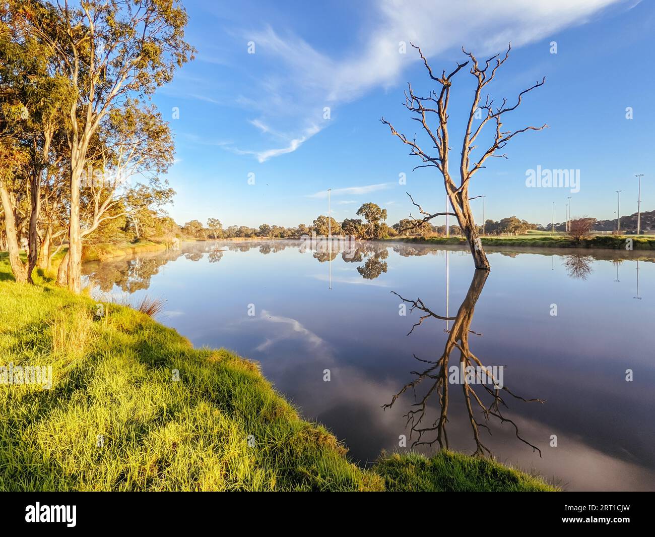 Il sole sorge sul lago Sports Field e circonda la Trobe University in una fredda mattinata nebbia a Melbourne, Australia Foto Stock