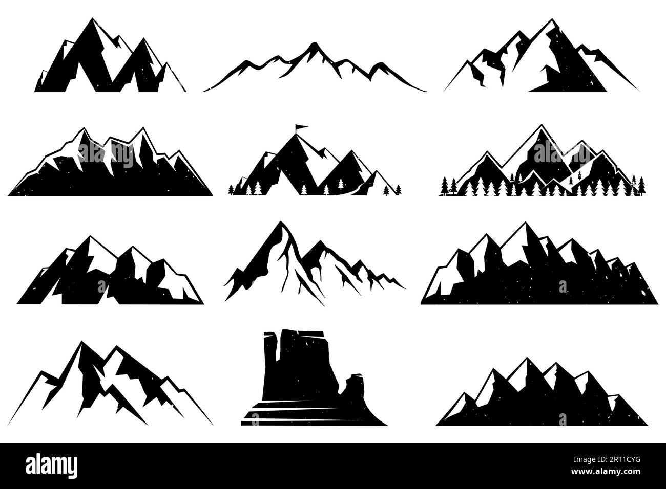 Set di vette di montagna silhouette. Montagna rocciosa isolata. Montagna, roccia, collina, picco. Illustrazione vettoriale illustrazione in bianco e nero. Illustrazione Vettoriale