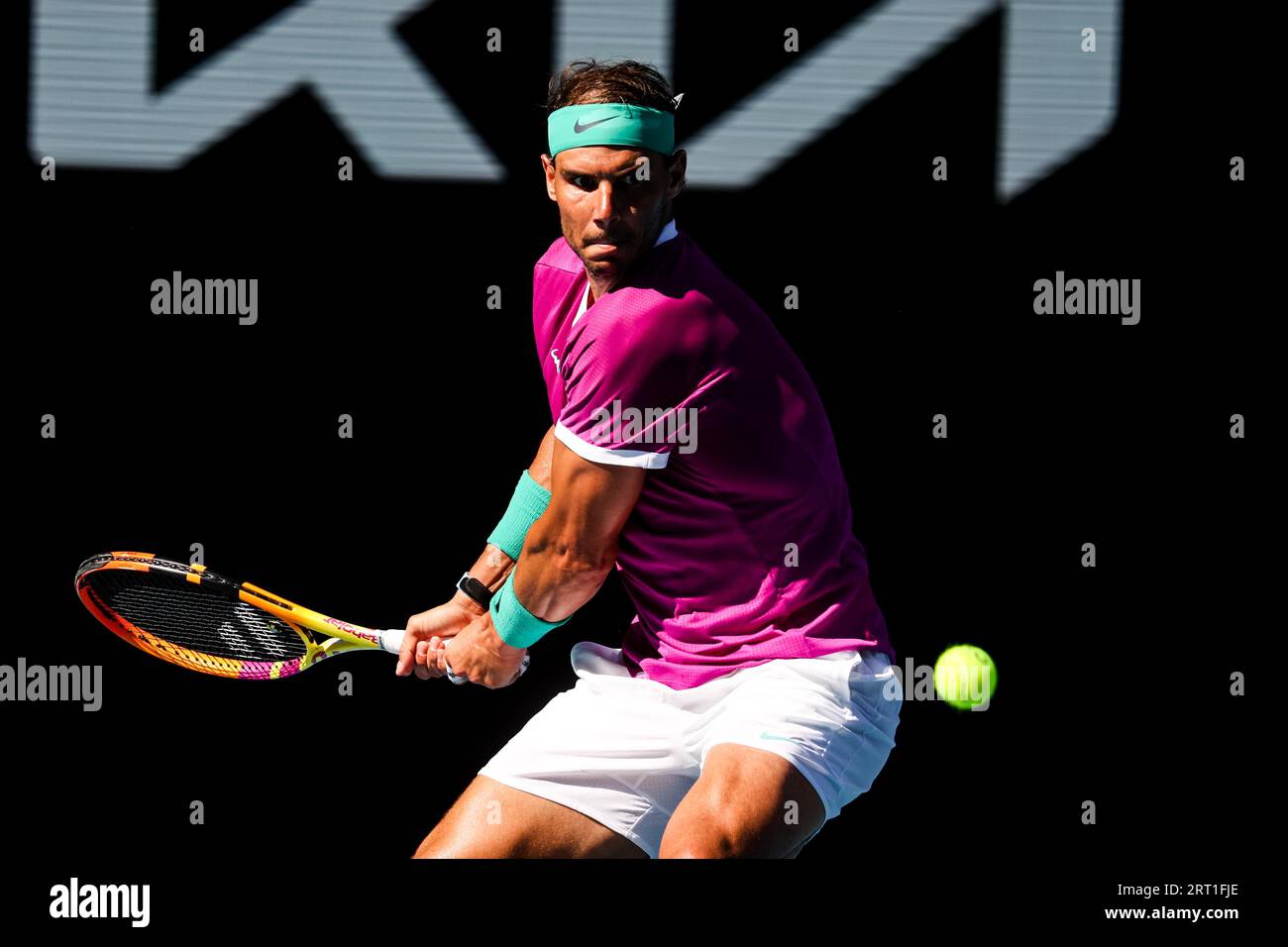 MELBOURNE, AUSTRALIA, 23 GENNAIO: Rafael Nadal, spagnolo, nel suo match contro Adrian Mannarino agli Australian Open 2022 al Melbourne Park Foto Stock