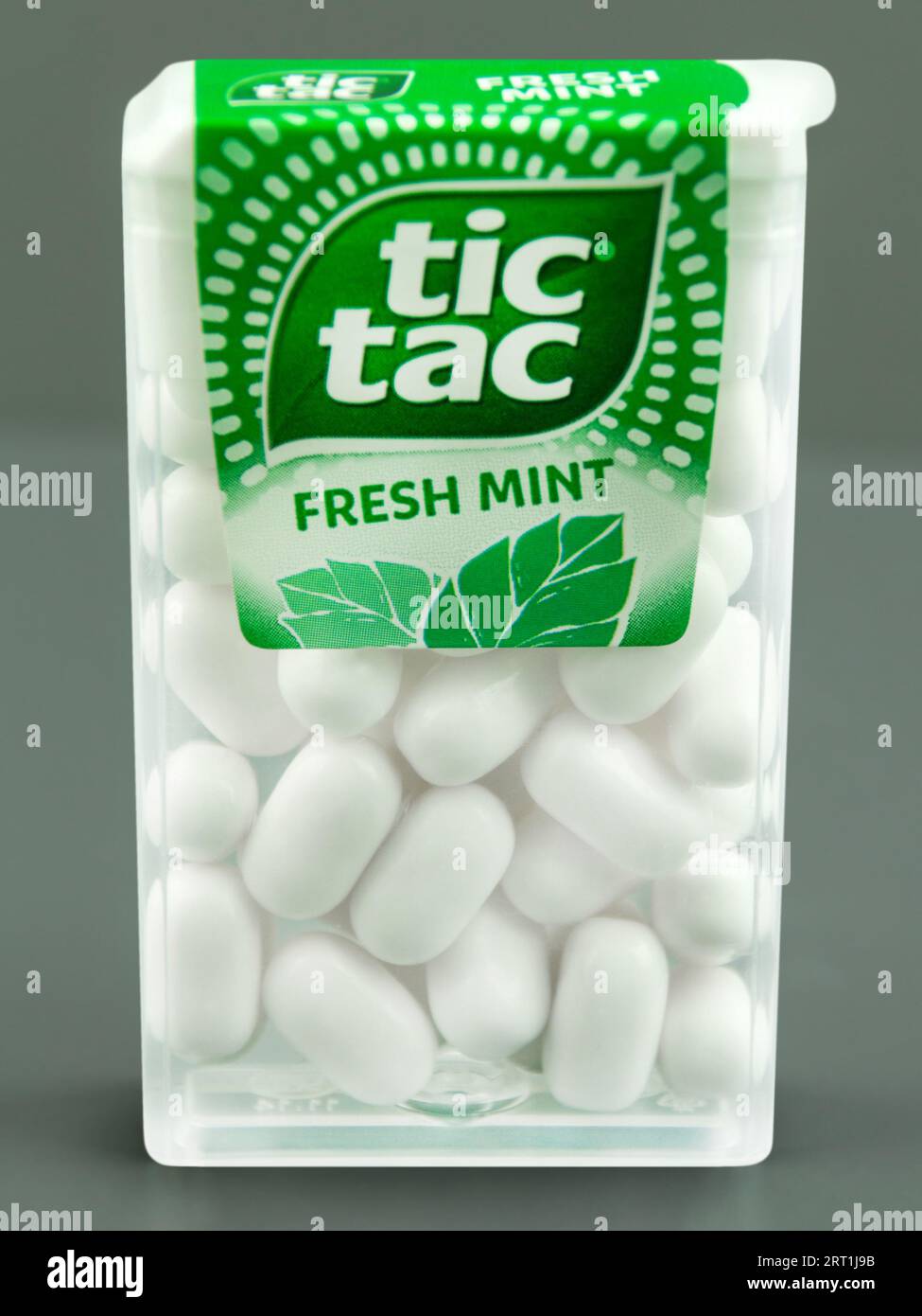 Amburgo, Germania - 7 settembre 2023: Dolci alla menta freschi TIC TAC e scatola su sfondo grigio Foto Stock
