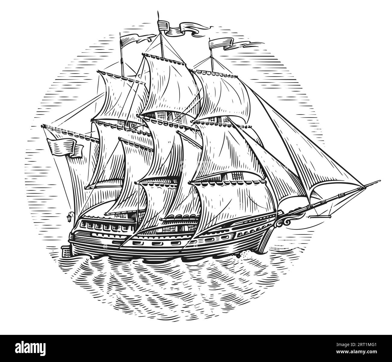 Schizzo di una barca a vela d'epoca in stile incisivo. Illustrazione nave con vele in mare Foto Stock