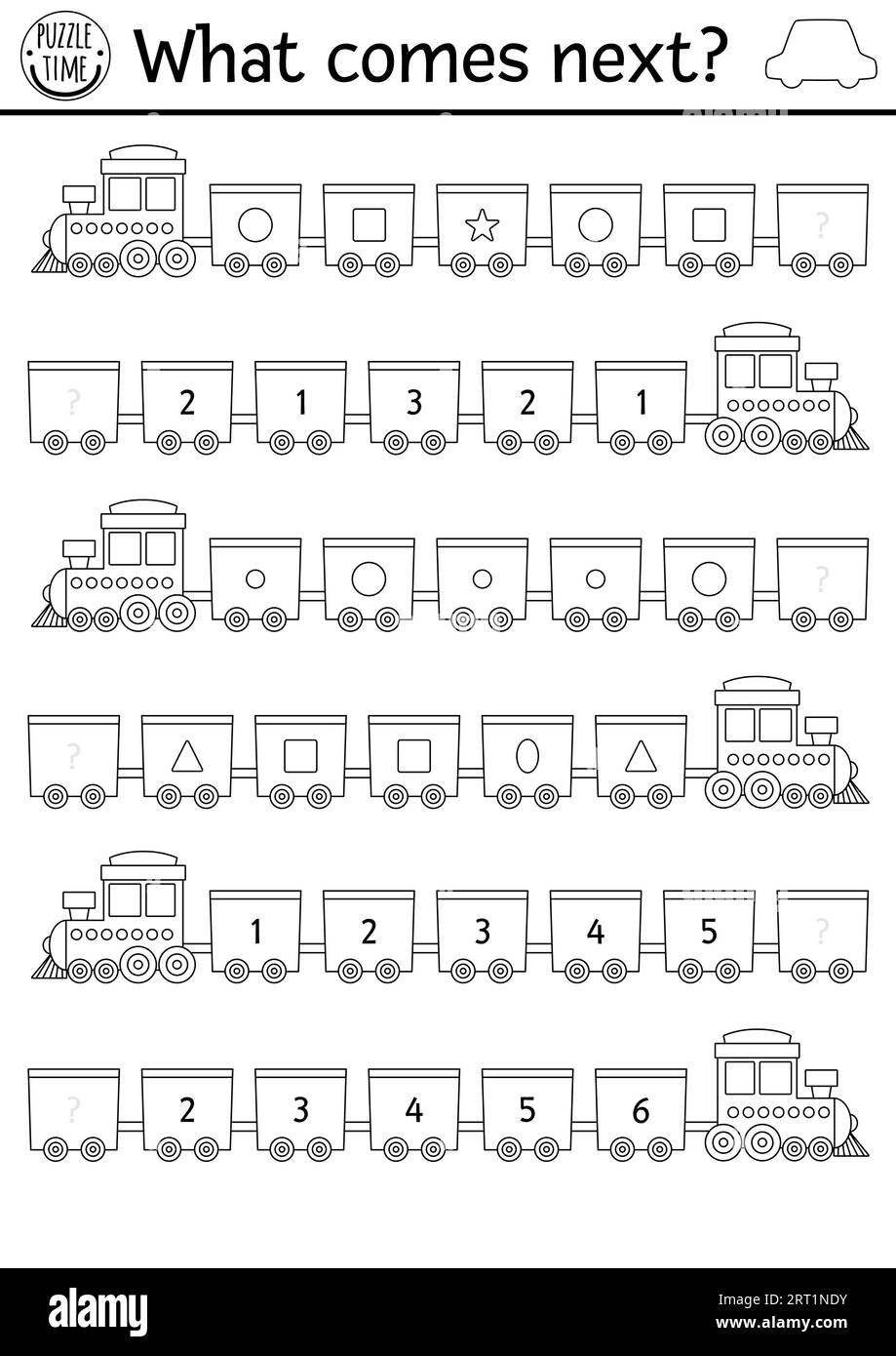 Cosa succede dopo. Trasporto abbinato all'attività in bianco e nero per bambini con treno e carro. Forma, numero, dimensione foglio di lavoro logico trasporto o colore Illustrazione Vettoriale