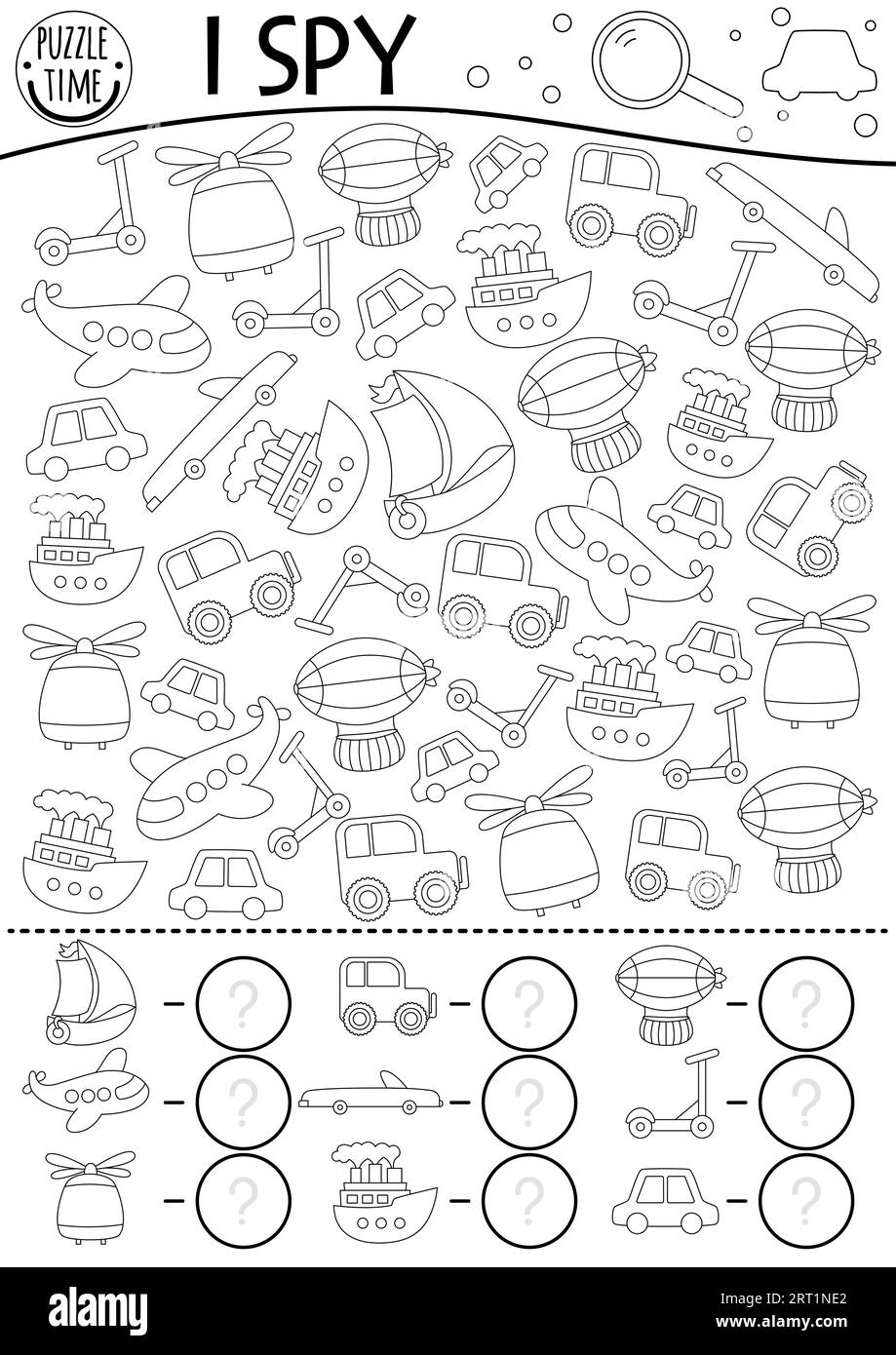 Trasporto spiavo il gioco bianco e nero per bambini. Ricerca e conteggio delle attività di linea con aereo, auto, nave, scooter, dirigibile. Aria, acqua, terra tra Illustrazione Vettoriale
