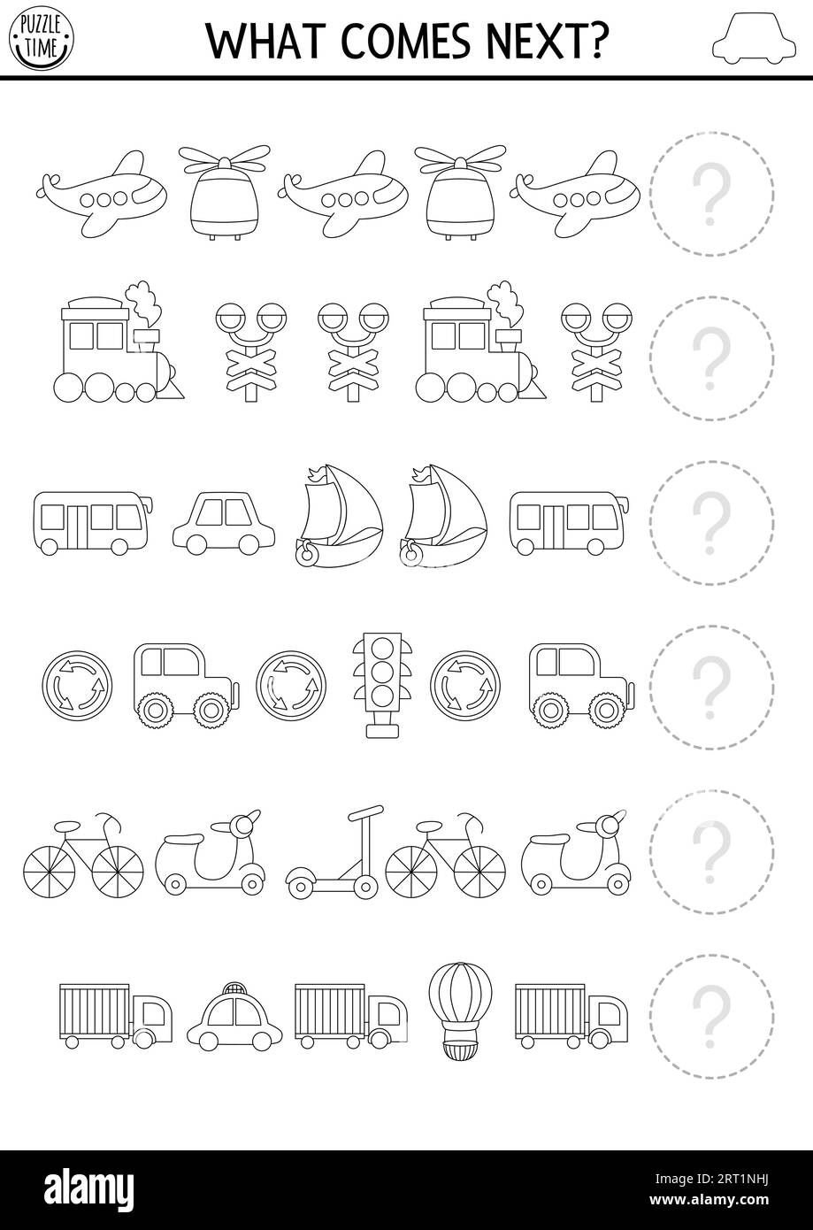 Cosa succede dopo. Trasporto in bianco e nero, attività di abbinamento con aereo, auto, scooter, treno, barca, autobus. Aria, acqua, trasporti terrestri opere logiche Illustrazione Vettoriale