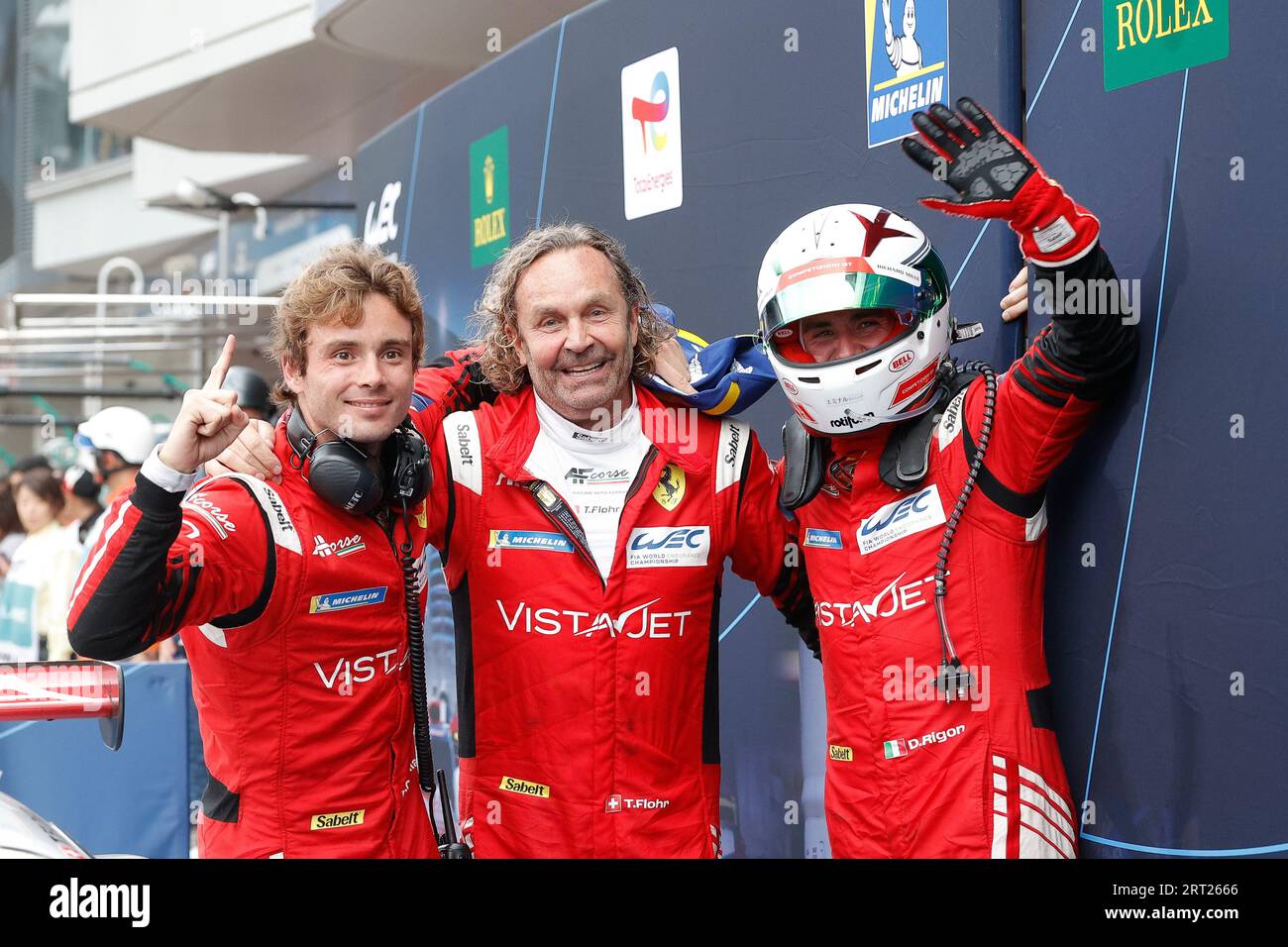 54 FLOHR Thomas (swi), CASTELLACCI Francesco (ita), RIGON Davide (ita), AF Corse, Ferrari 488 GTE Evo, ritratto, podio durante la 6 ore di Fuji 2023, 6° prova del Campionato Mondiale di Endurance FIA 2023, dal 7 al 10 settembre 2023 sul Fuji Speedway, a Oyama, Giappone Foto Stock